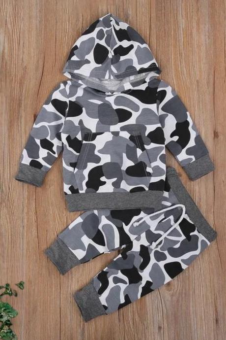Baby And Toddler Boys Gray Outfit Camouflage Hoodie And Cotton Jogger Pants 2pc Set