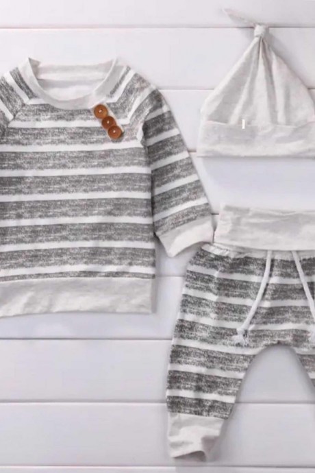 Baby Boys Outfit Gray and White Striped Cotton Top Jogger Pants and Hat Clothing Set, Casual Wear, Boys Clothing Sets