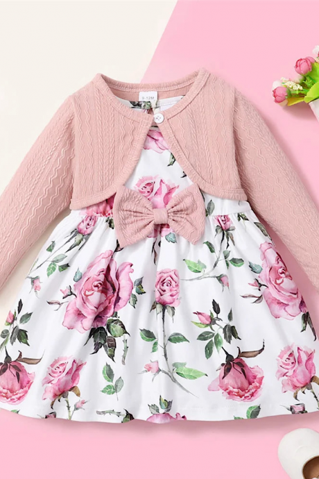 Baby And Toddler Girl Cotton Dress Set Pink Cardigan And Floral Print Sleeveless Dress Summer And Spring Outfit