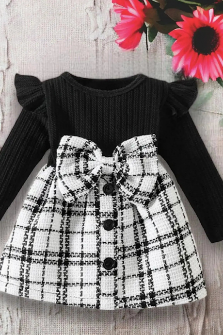 Baby Toddler Girls Plaid Dress Black And White Big Bow Long Sleeve Princess Casual Dress