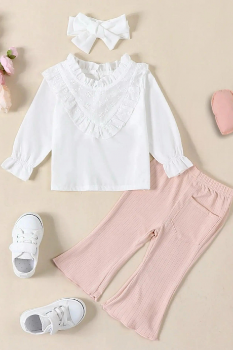 Baby Toddler Girls Pink Outfit Long Sleeve White Lace Ruffled Top And Flare Bell Bottom Pants And Headband 3pc Set