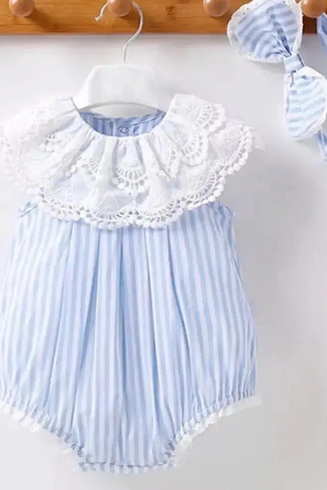 Baby Toddler Girls Romper Blue White Striped Lace Trim Jumpsuit Summer One Piece Outfit