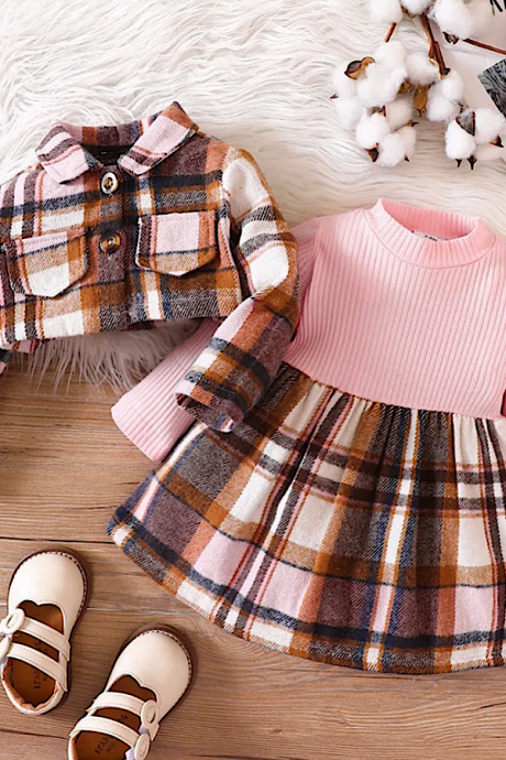 Baby Toddler Girls Pink And Brown Plaid Dress Long Sleeve Dress And Jacket 2pc Spring Clothing Set