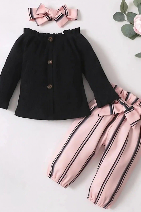 Baby And Toddler Girls Black Long Sleeve Top Pink Striped Belted Pants And Headband 4pc Clothing Set