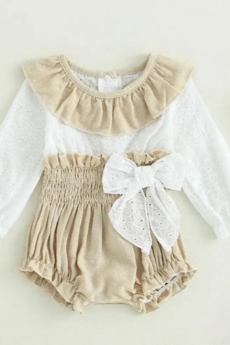 Infant Baby Girls Long Sleeve Romper Hollow Eyelet Big Bow Beige and White Jumpsuit One Piece Outfit