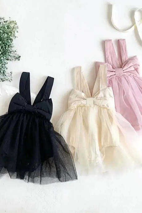 Infant Baby Girls Smocked Tie Strap Tulle Tutu Summer Romper Dress One Piece Outfit
