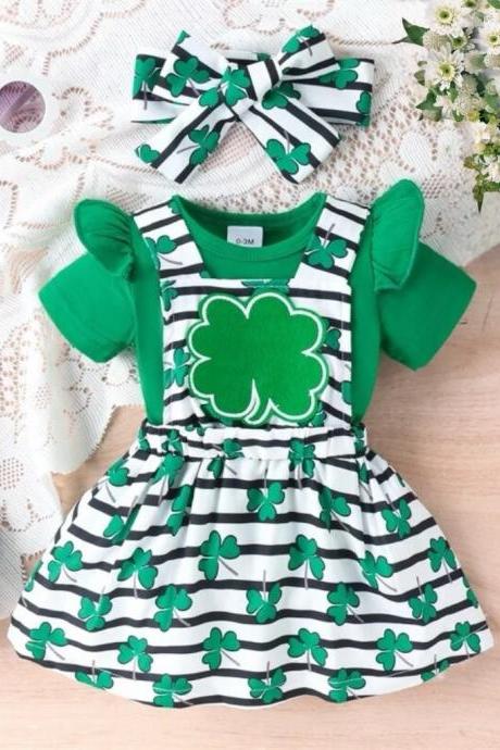 Baby Girl Green And White St. Patricks Day Four Leaf Clover Print Dress Romper And Bow 3pc Set