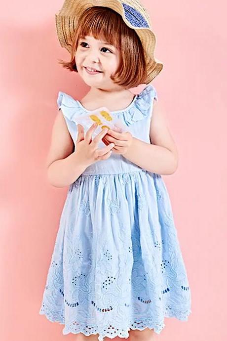Toddler Little Girls Sleeveless Blue Ruffled Eyelet Cotton Spring Summer Dress Casual Or Dressy