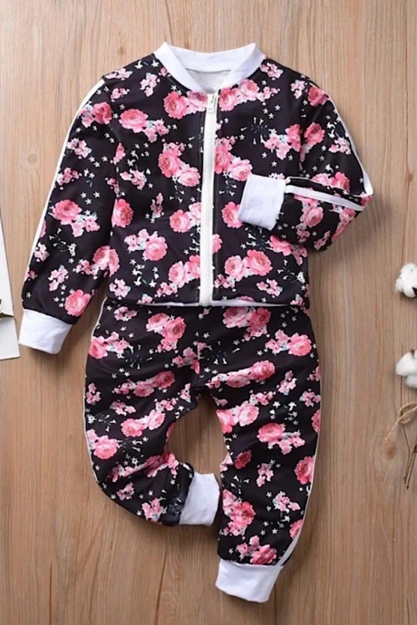Toddler Girls Pink And Navy Blue Floral Zip Up Jacket And Jogger Pants Set 2pc Casual Wear Track Suit