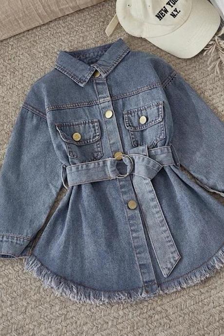 Toddler Little Girls Denim Dress Blue Long Sleeve Belted Casual Jean Dress