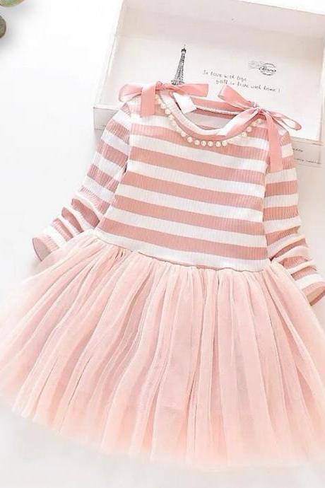 Baby Toddler Girls Pink And Whtie Striped Pearl And Bow Trim Princess Tutu Dress