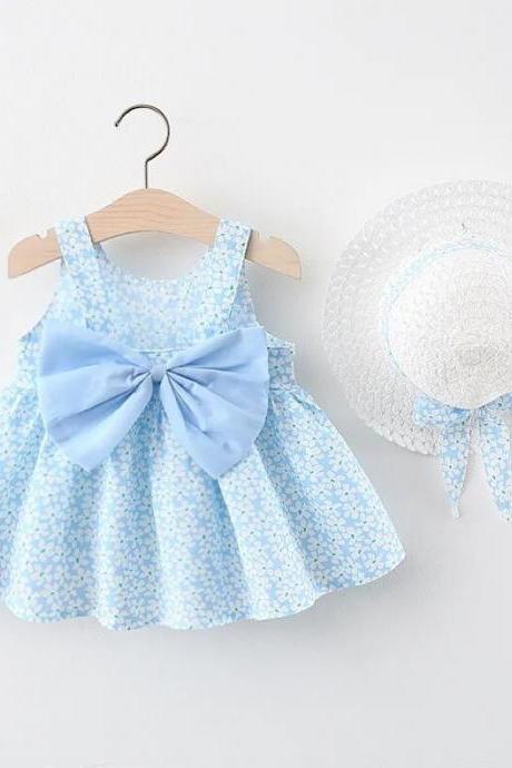 Baby And Toddler Girl Floral Dress Cotton Summer Spring Easter Dress With Bow And Straw Hat Set