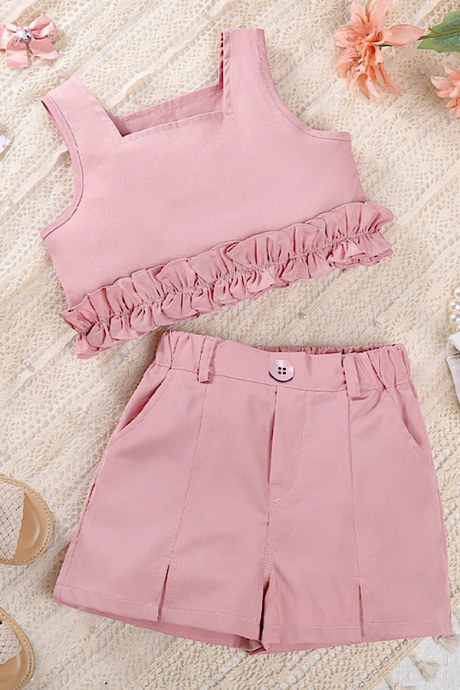 Toddler Girls Summer Outfit Pink Two-piece Ruffled Crop Top And Shorts Clothing Set