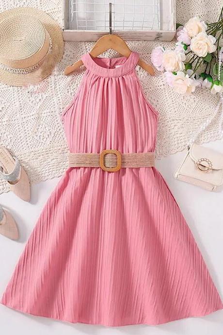 Toddler Little Girls Pink Ruched Belted Dress Spring Summer Solid Color Halter Neck Easter Dress