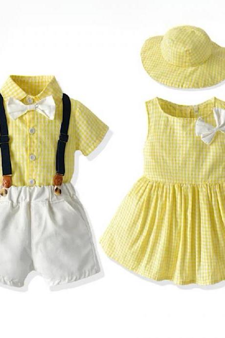Brother and Sister Matching Boys Yellow Checker Print Suit Suspender Shorts and Baby Toddler Girl Dress, Easter Outfit