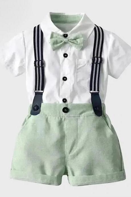 Baby Toddler Boys Easter Outfit Short Sleeve Suspender Shorts Bowtie and Shirt 4PC Set Easter Clothing