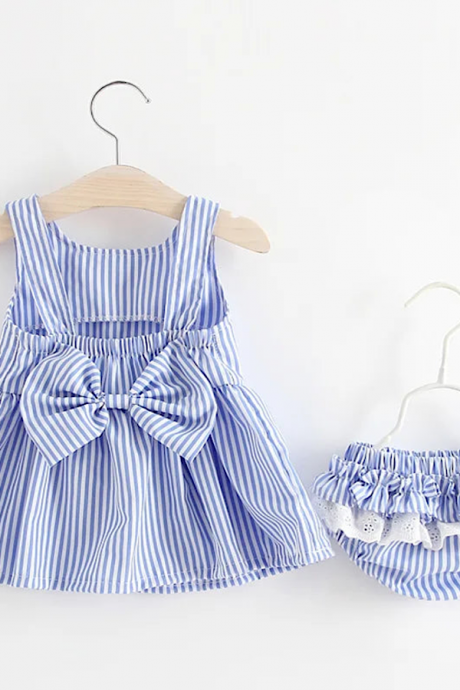 Baby Girl Pin Striped Dress Blue Or Pink With Ruffled Bummies Diaper Cover, Easter, Hoilday, Birthday Gift