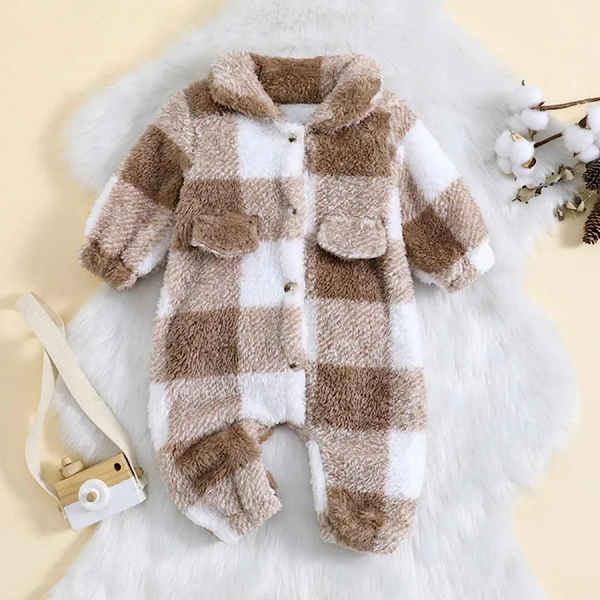 Baby Boys Cute Long Sleeve Romper Button Down Lapel Plaid Print One Piece Outfit FREE SHIPPING USA