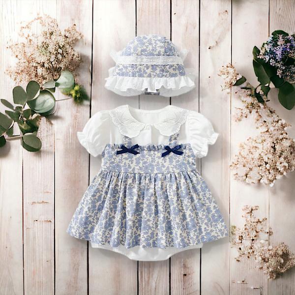 Infant Baby Girl Spring Summer Romper Floral Print Lace Blue and White Jumpsuit Outfit and Hat Set