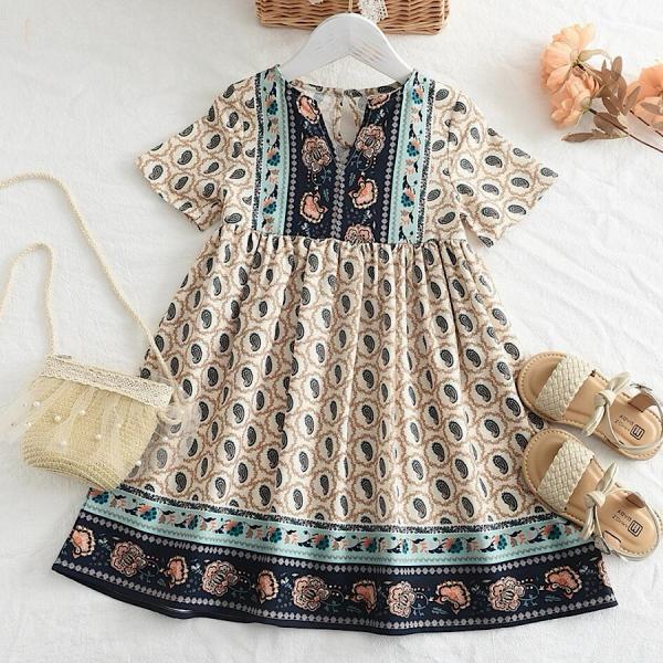 Girls Bohemian Style Short Sleeve Flowy Cotton Blend Summer Dress, Toddler and Little Girls Dress, Wedding, Beach Outfit