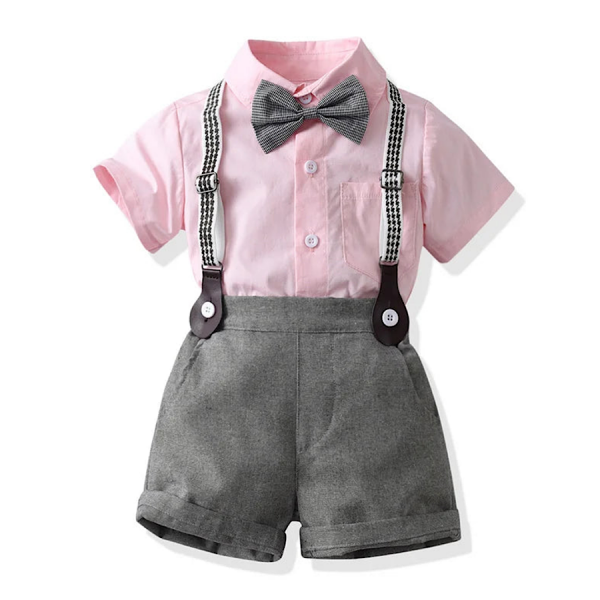 Boys Easter Outfit 4PC Suit Short Sleeve Shirt with Bow Tie and Suspender Shorts Set Pink, White, Blue, Boys Suit