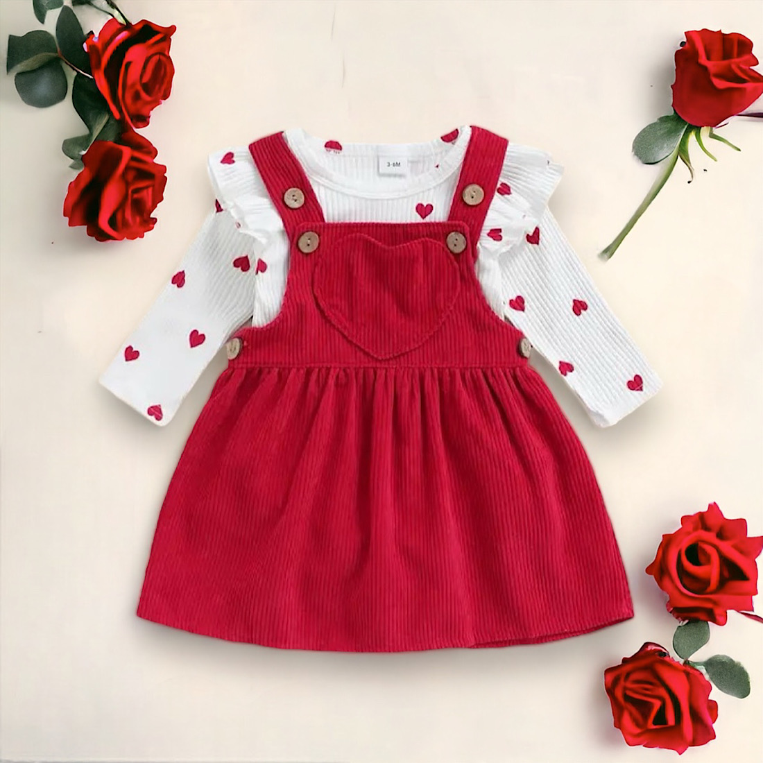Petit Bebe Baby Girls Red Dots Dress - Smocked Valentine Sweet Hearts - Long Sleeved with Collar